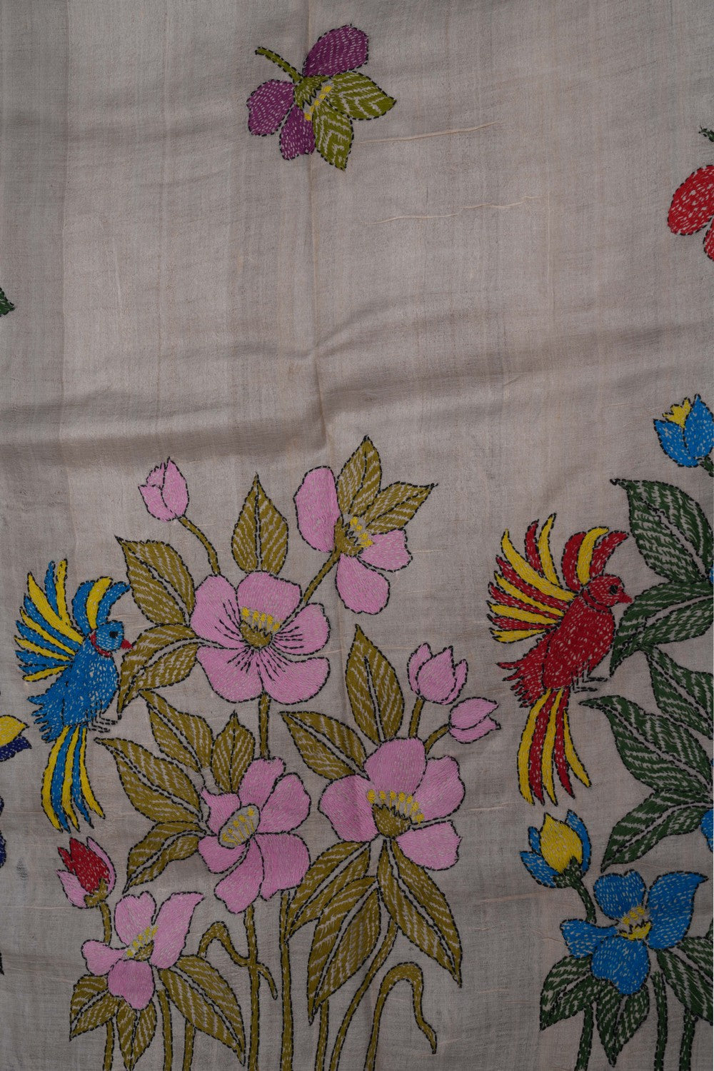 Image of Tussar Silk Kantha Embroidery Saree